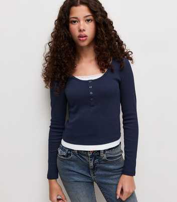 Girls Navy Cotton Rich Layered Lace Trim Henley Top