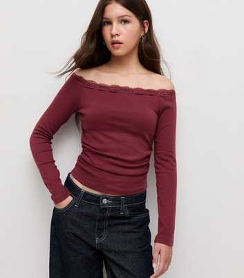 Girls Dark Burgundy Lace Trim Bardot Long Sleeve Top