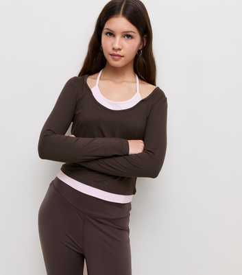 Girls Dark Brown 2 In 1 Halterneck Long Sleeve Top
