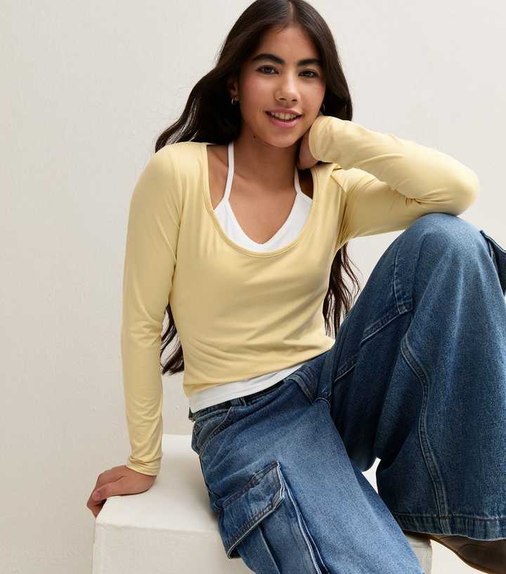 Girls Light Yellow 2 In 1 Halterneck Long Sleeve Top