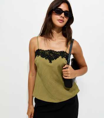 Dark Khaki Woven Lace Trim Cami Top