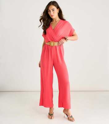Gini London Light Coral Belted Short Sleeve Jumpsuit