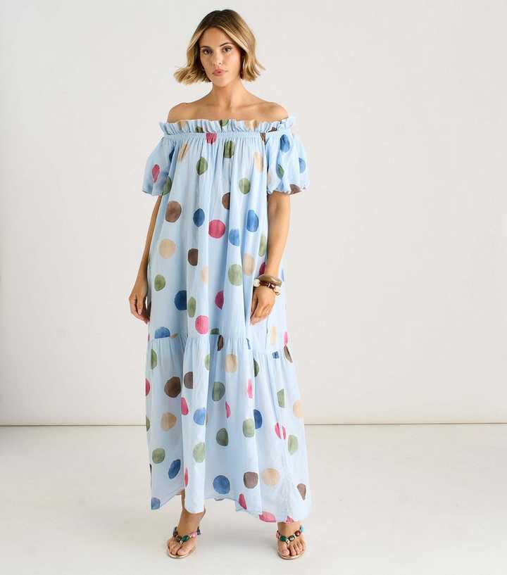 Gini London Blue Polka Dot Puff Sleeve Maxi Dress