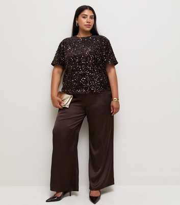 Curves Dark Brown Velvet Sequin T-Shirt