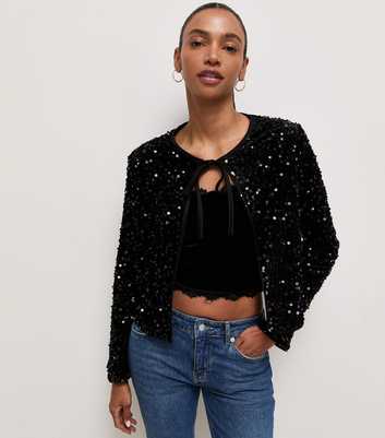 Black Sequin Front Tie Jacket