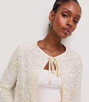 Cream Sequin Front Tie Jacket