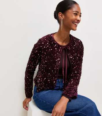 Dark Burgundy Sequin Front Tie Jacket