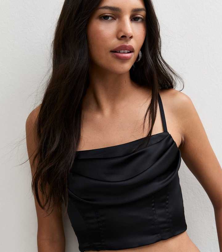 Black Satin Cowl Cropped Cami Top