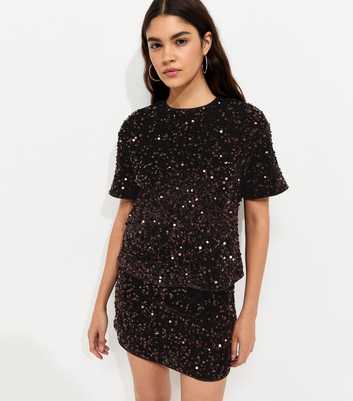 Dark Brown Sequin Velvet Short Sleeve Top