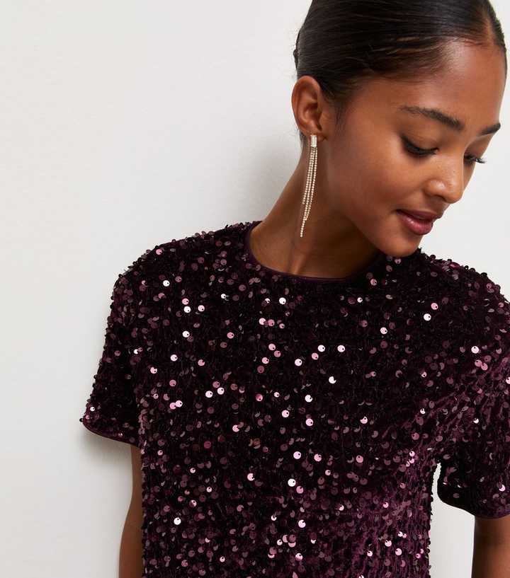 Dark Burgundy Velvet Sequin T-Shirt