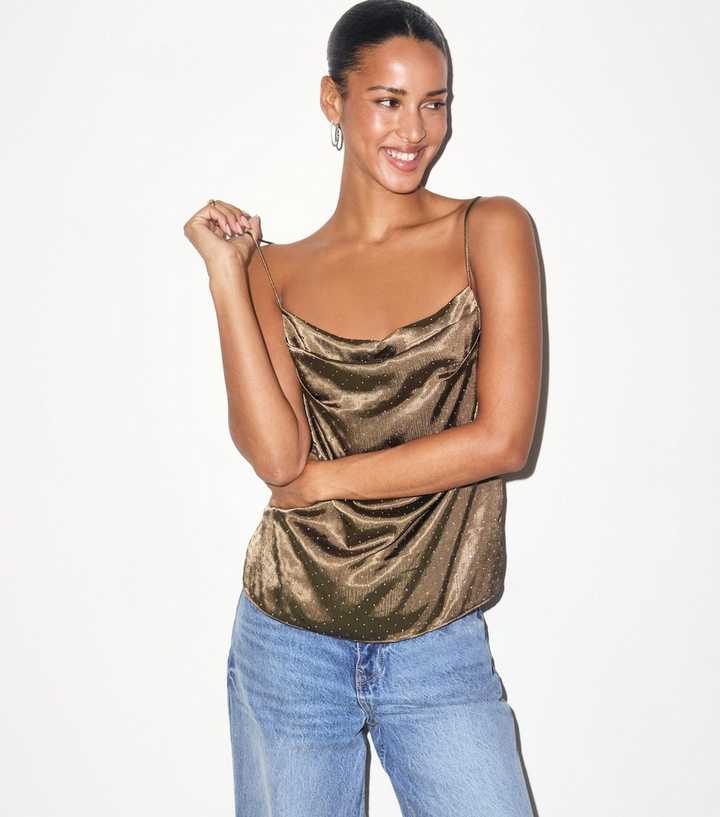 Dark Khaki Velvet Diamante Embellished Cowl Neck Cami Top
