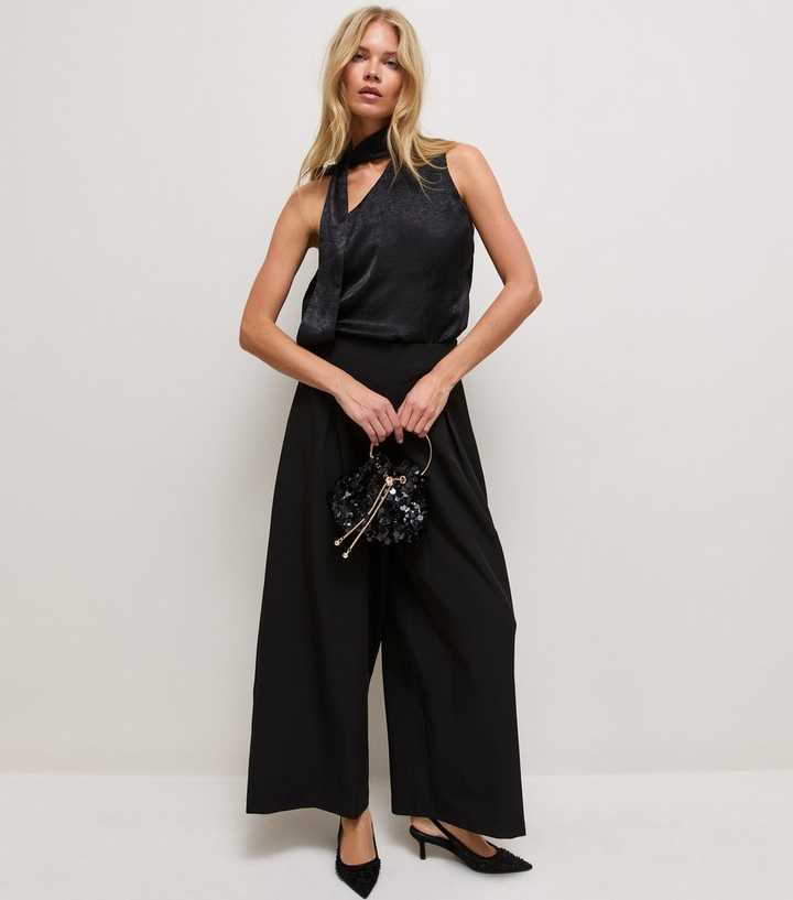 Black Satin Neck Scarf Sleeveless Top
