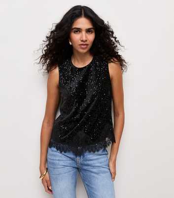 Black Sequin Lace Trim Sleeveless Top