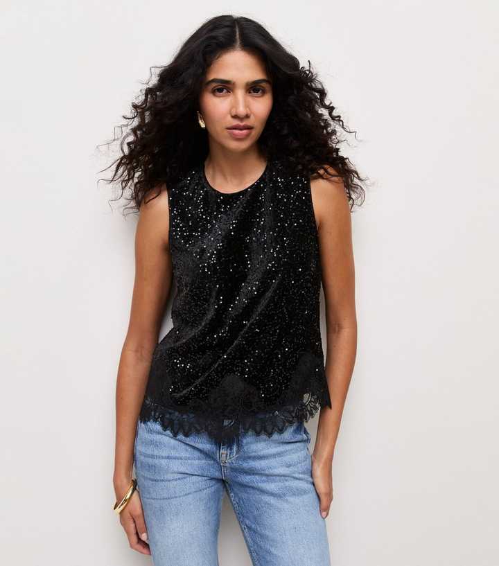 Black Sequin Lace Trim Sleeveless Top