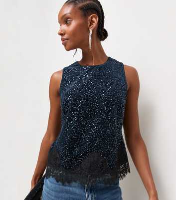 Navy Sequin Lace Trim Sleeveless Top