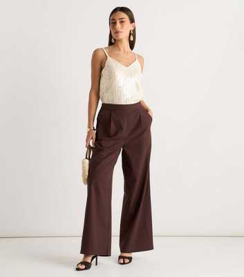 Gini London Dark Brown Linen Mix Wide Leg Trousers