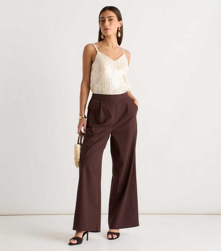 Gini London Dark Brown Linen Mix Wide Leg Trousers