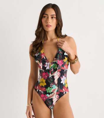 Gini London Multicolour Tropical Print Ruffle Front Swimsuit