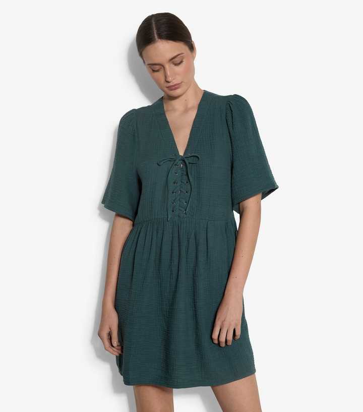 Apricot Dark Green Babydoll Mini Dress