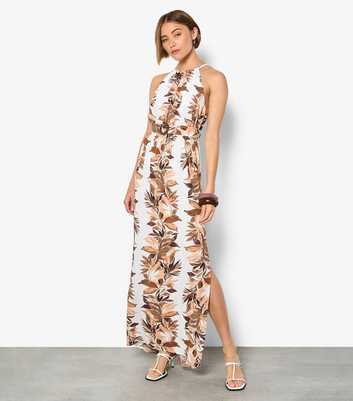 Apricot White Halter Neck Leaf Print Stripe Dress