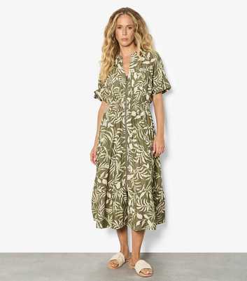 Apricot Light Khaki Palm Print Zip Front Midi Dress