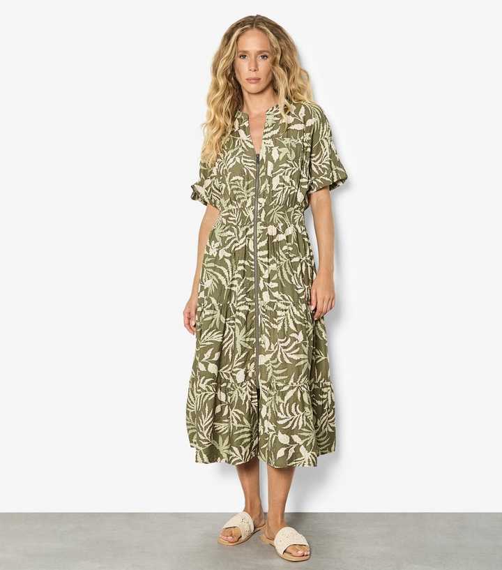 Apricot Light Khaki Palm Print Zip Front Midi Dress