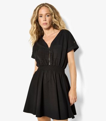 Apricot Black Zip Detail Flared Mini Dress | New Look