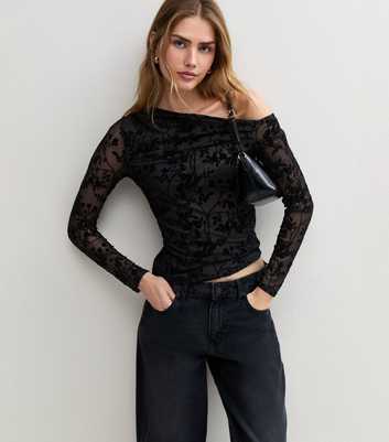 Black Mesh Floral Off Shoulder Long Sleeve Top