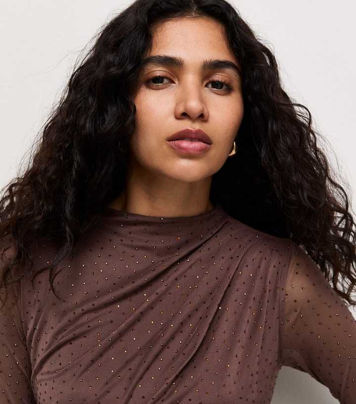 Dark Brown Embellished Draped Long Sleeve Bodysuit