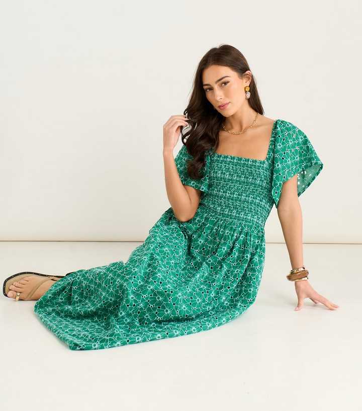 Gini London Green Floral Broderie Midi Dress | New Look Gini London Green Floral Broderie Midi Dress | New Look