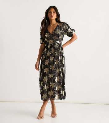 Gini London Black Metallic Flower Wrap Midi Dress