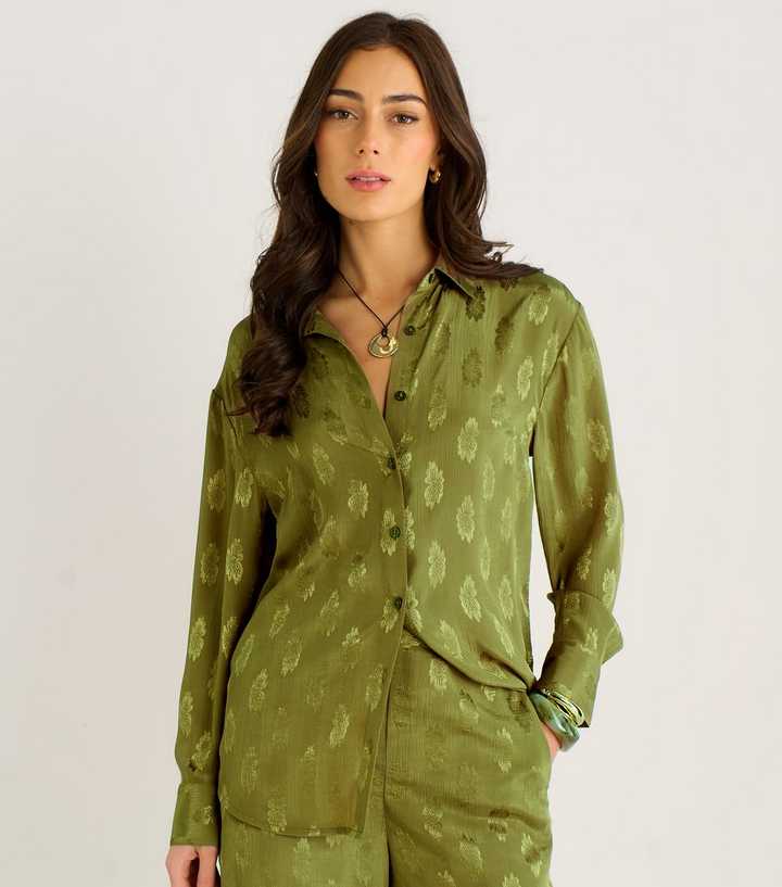 Gini London Light Khaki Floral Satin Jacquard Shirt