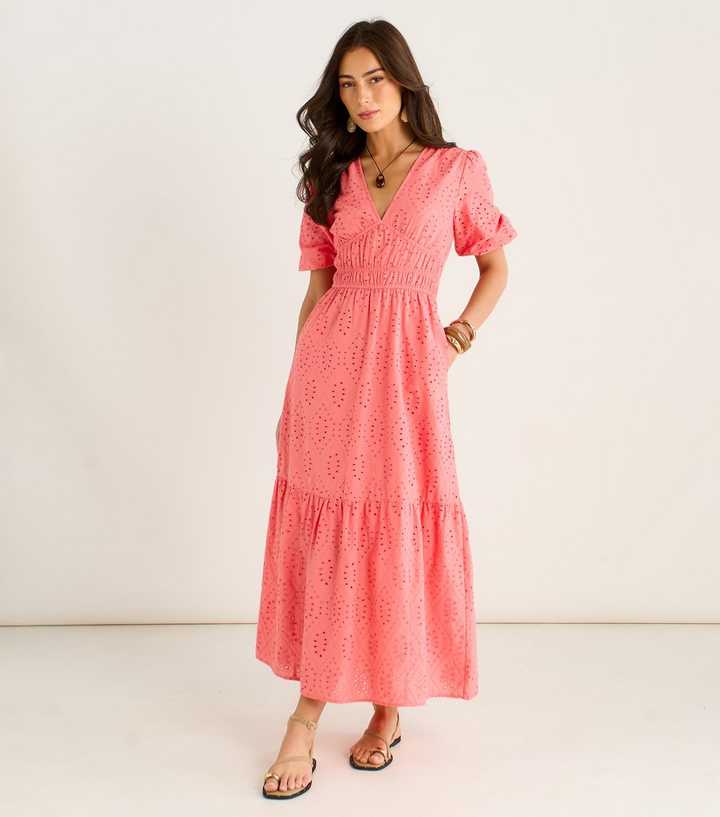 Gini London Light Coral Diamond Cut Work Broderie Dress