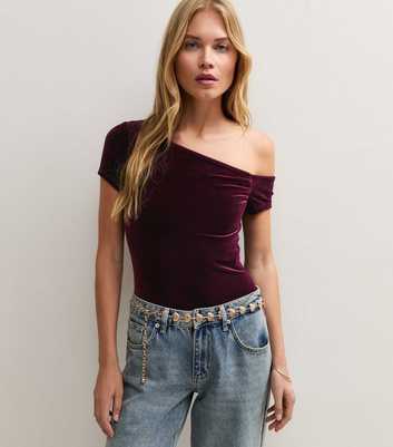 Dark Burgundy Velvet Fallen Shoulder Bodysuit