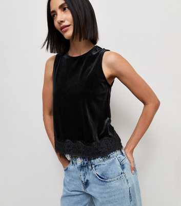 Black Velvet Lace Trim Vest Top