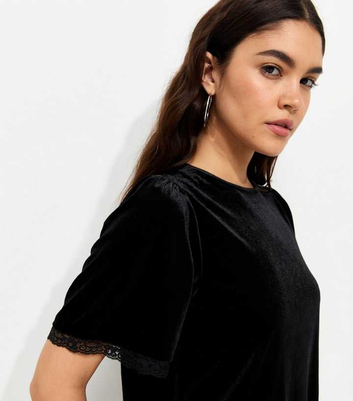 Black Velvet Lace Trim Short Sleeve Top