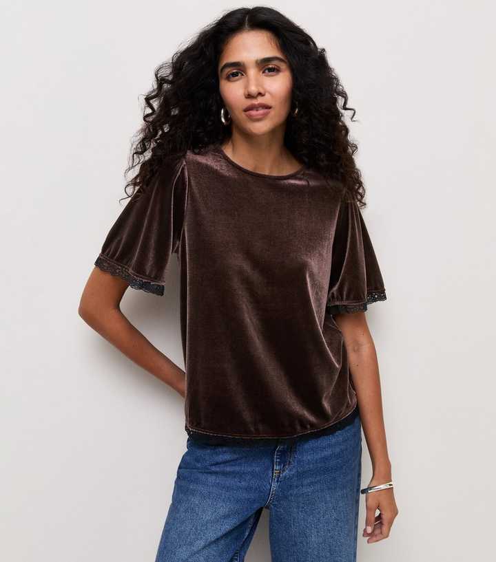 Dark Brown Velvet Lace Trim T-Shirt