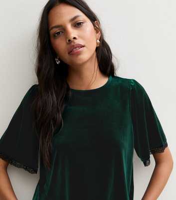 Dark Green Velvet Lace Trim Short Sleeve Top