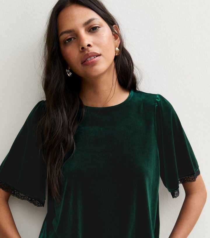 Dark Green Velvet Lace Trim Short Sleeve Top