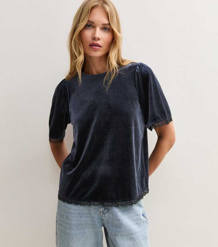 Navy Velvet Lace Trim Short Sleeve Top