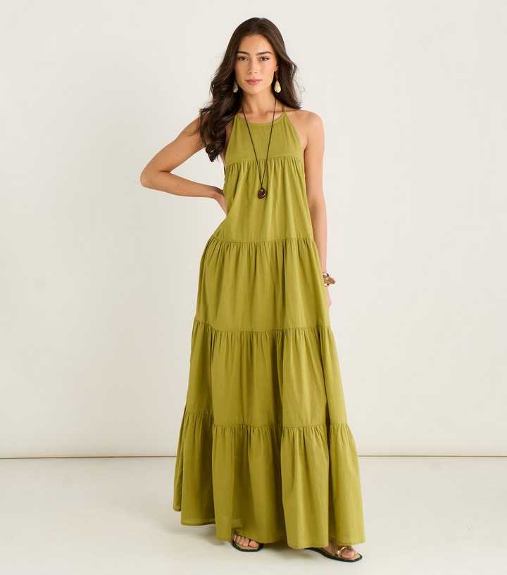 Gini London Light Khaki Halter Neck Tiered Maxi Dress
