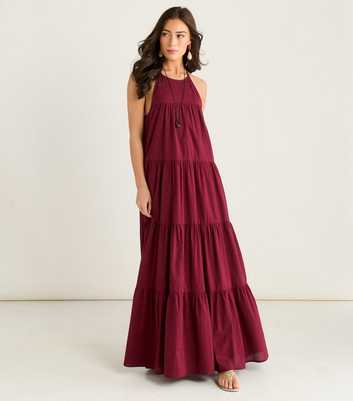 Gini London Burgundy Halter Neck Tiered Maxi Dress