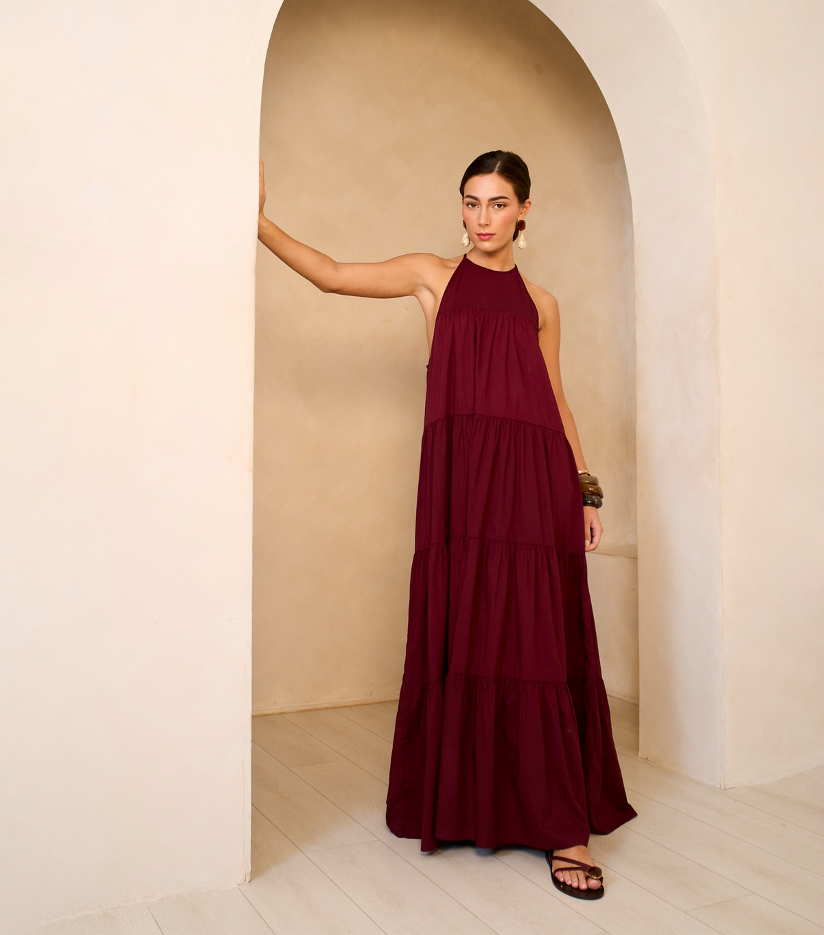 Women's Burgundy Halter Neck Tiered Maxi Dress Gini London New Look