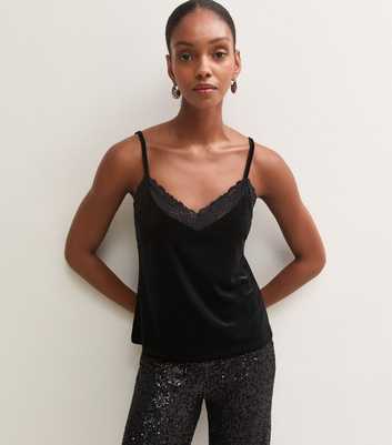 Black Velvet Lace Trim Cami Top