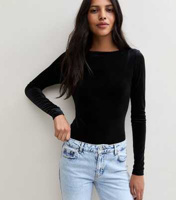 Black Velvet Scoop Back Long Sleeve Bodysuit