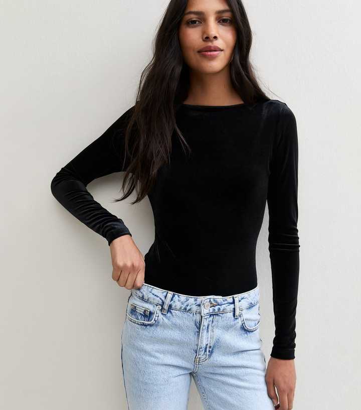 Black Velvet Scoop Back Long Sleeve Bodysuit