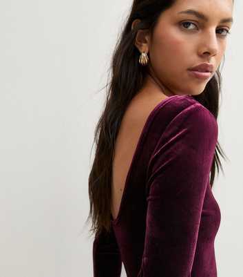Dark Burgundy Velvet Scoop Backk Long Sleeve Bodysuit