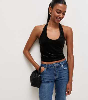 Black Velvet Scoop Halter Neck Crop Top