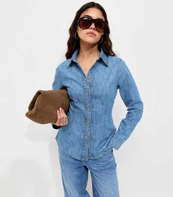 Blue Fitted Denim Long Sleeve Shirt