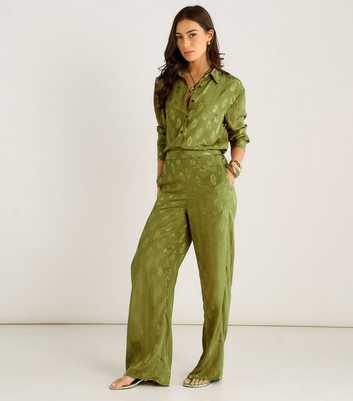 Gini London Light Khaki Floral Satin Jacquard Trousers